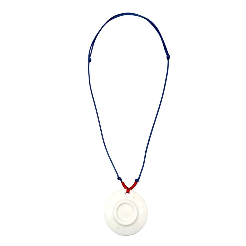 Blue & White Ceramic Round Pendant Necklace Floral Bird Design Adjustable Cord - Picture 4 of 5